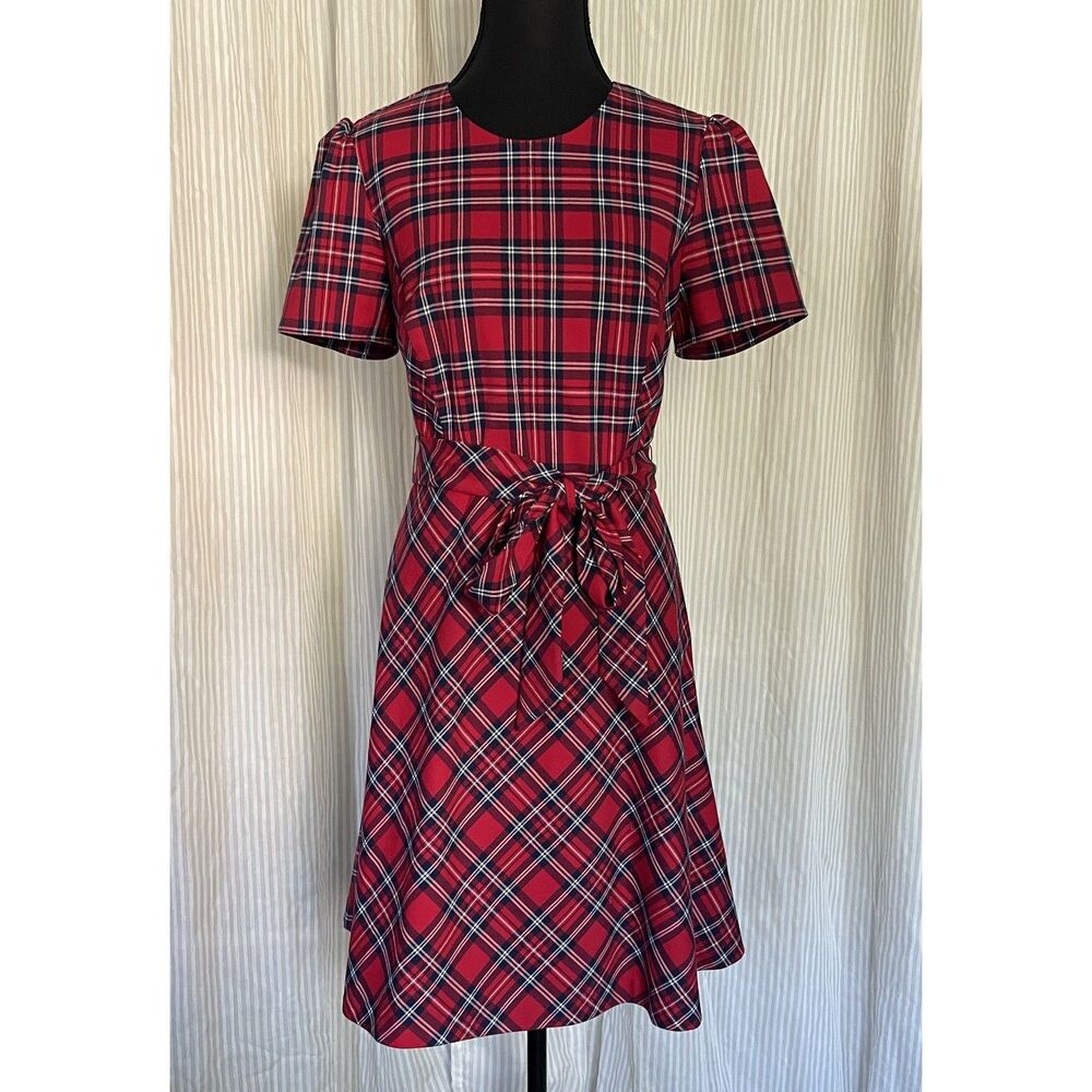 Draper James Women Plaid Fit Flare Dress Size 6 Red Navy Short Sleeve Tie Waist - Picture 2 of 8